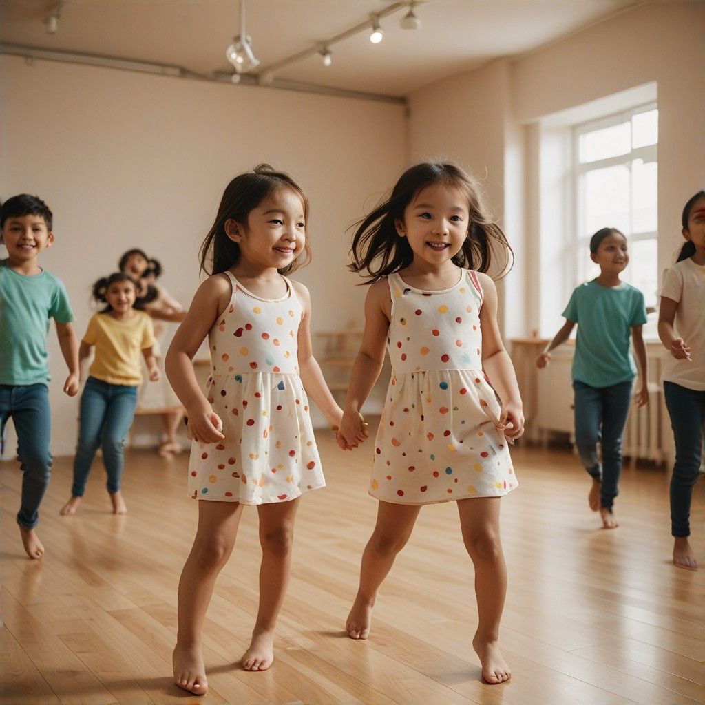 A creative dance instructor, a young woman with a warm and friendly demeanor, dark brown hair tied back, wearing casual but stylish dance attire, standing confidently in a bright dance studio with wooden floors and mirrors in the background